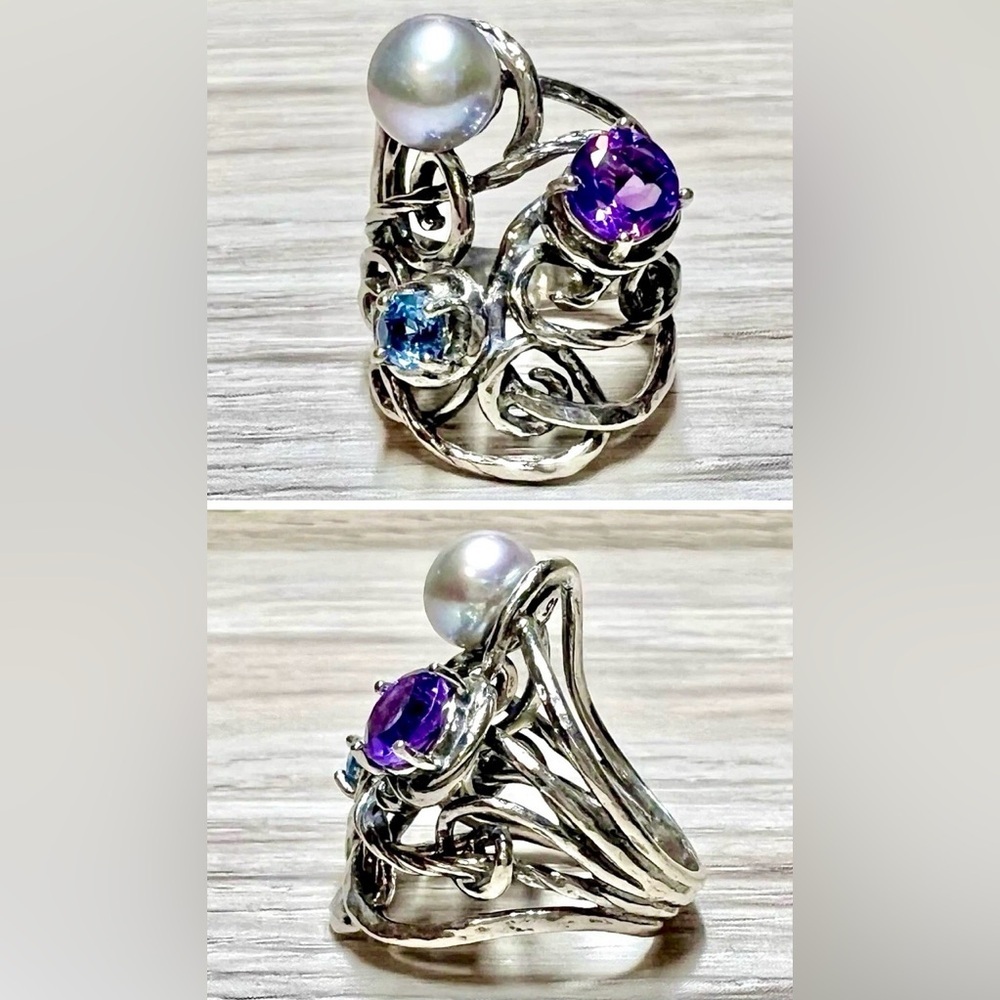 Designer Or Paz Sterling Silver Amethyst, Pearl, & Blue Topaz Ring, Size 5